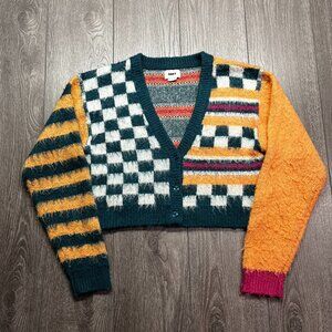 Obey Knit Cardigan Small Striped Fuzzy Sweater Streetwear Cropped